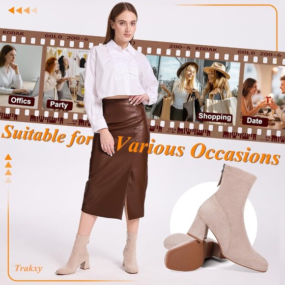 Women's Apricot Square Toe Ankle Boots Faux Suede Low Block Heel Chelsea Boots - Picture 6 of 6